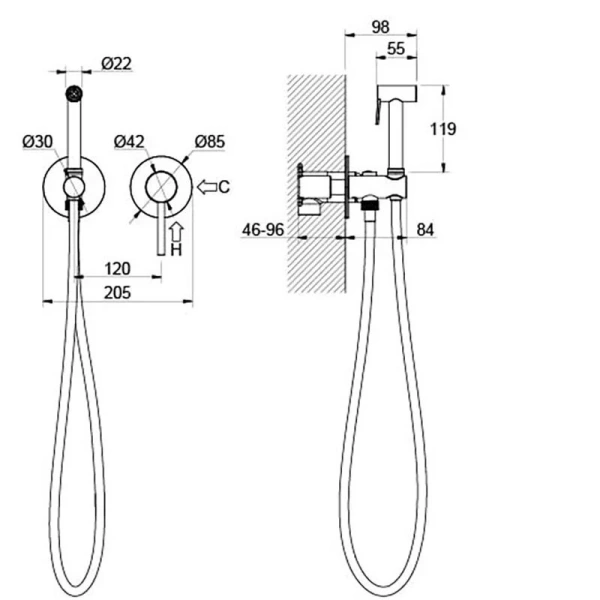 Гигиенический душ со смесителем Акватек Европа черный AQ1319MB (детальная фотография), для туалета