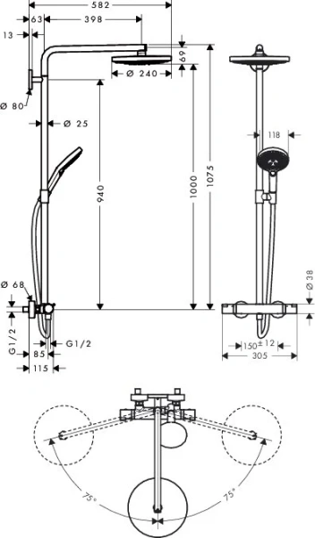 Душевая стойка Hansgrohe Raindance Select S хром 27129000 (детальная фотография), современные, hi-tech