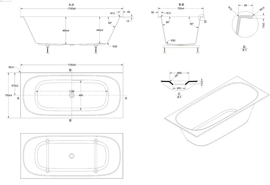 Ванна акриловая Vincea VBT-710-1700, 170 x 75 см, белая (детальная фотография), акриловые