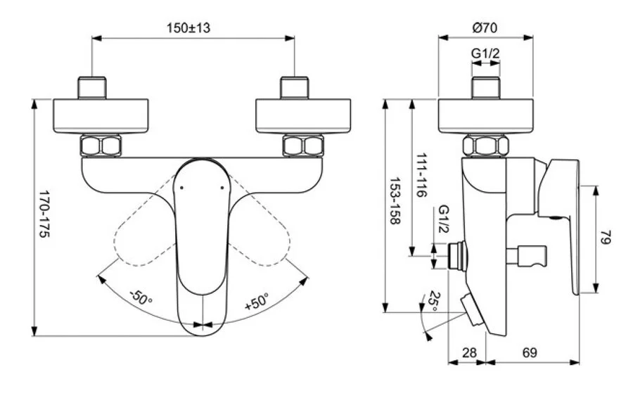 Смеситель для ванны Ideal Standard Cerafine O BC500 настенный однозахватный (детальная фотография), для ванны