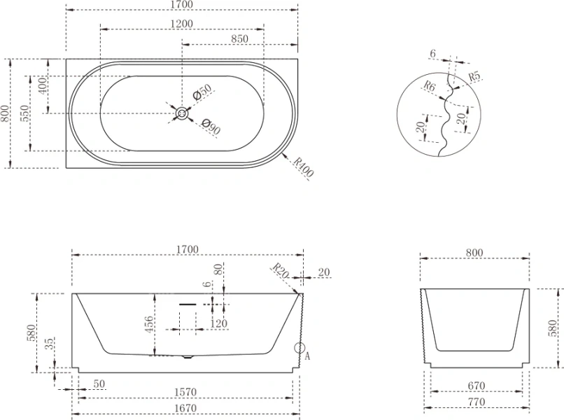 Ванна акриловая Abber AB9438-1.7 170x80 см белая (детальная фотография), без гидромассажа, большие