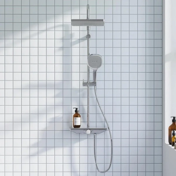 Душевая стойка Damixa Merkur 940730 со смесителем-полкой (детальная фотография), хром, черные