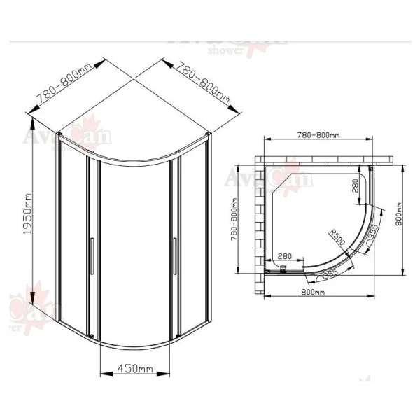 Душевой уголок Deto HB 80x80 см профиль хром HC80 (детальная фотография), полукруглые, четверть круга