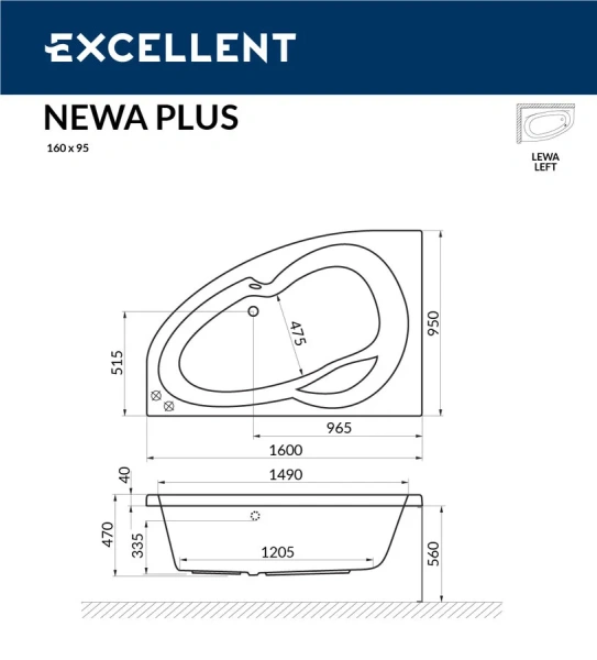 Ванна акриловая Excellent Newa 160 х 95 см, цвет белый, WAEX.NEL16WH (WAEX.NEP16WH) (детальная фотография), асимметричные
