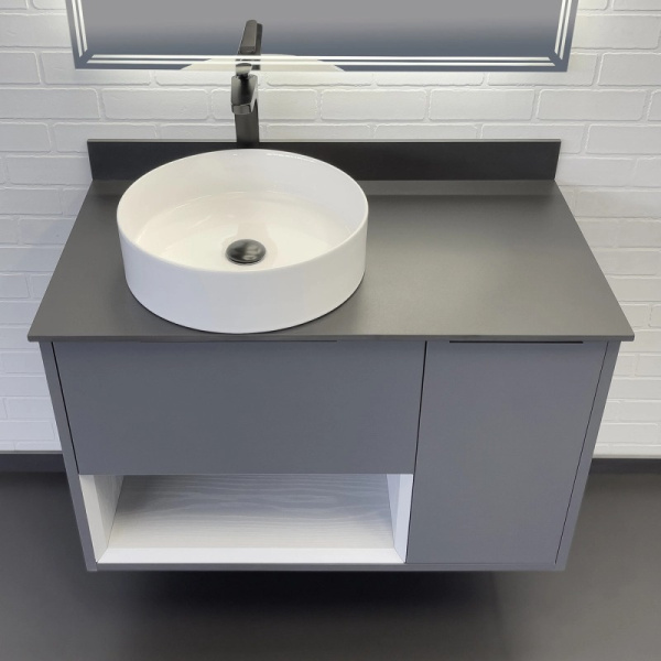 Тумба с раковиной подвесная Comforty Джанкой 90 см серая матовая 00-00017878CF (детальная фотография), подвесная, пристенная