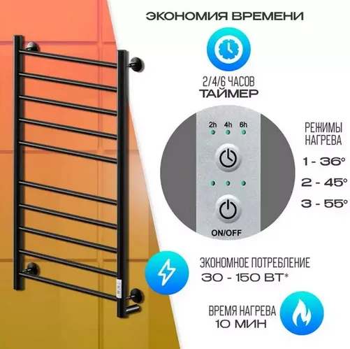 Полотенцесушитель электрический Ника WAY 100х50 см черный матовый WAY-2 100/50 черн U (детальная фотография), лесенка, вертикальные