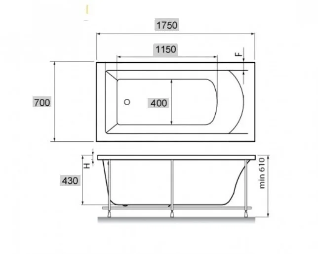 Ванна акриловая Vayer Milana 175 х 70 см, прямоугольная, белая Гл000024272 (детальная фотография), акриловые