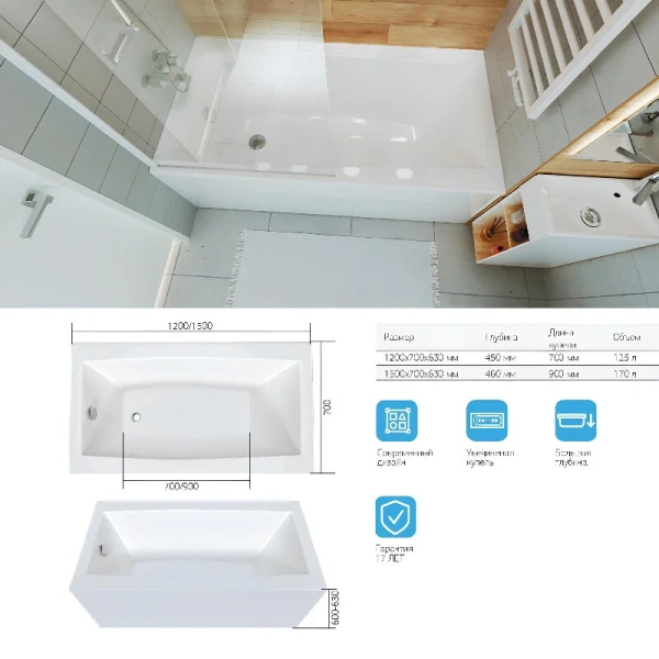 Ванна акриловая 1MarKa Viola 01ви1570кс2+, 150 x 70 см, цвет белый (детальная фотография), без гидромассажа