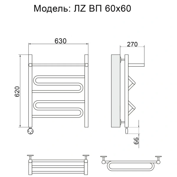Полотенцесушитель электрический Ника Curve ЛЗ ВП 60/60 см с полочкой (детальная фотография), современные, hi-tech