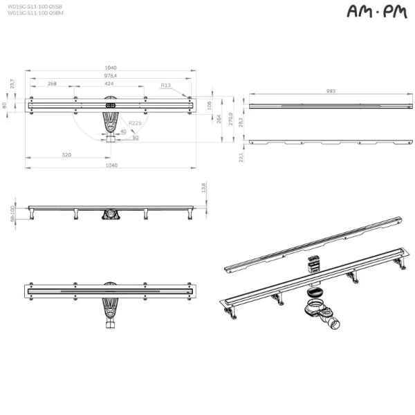 Душевой лоток Am.Pm MasterFlow 100 см хром матовый W01SC-S11-100-05SB (детальная фотография), душевой лоток