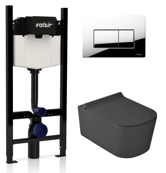 Унитаз с инсталляцией Valsir MEG11PRO с клавишей хром KIT VSCR 5486NEMT Slim P1 (детальная фотография)