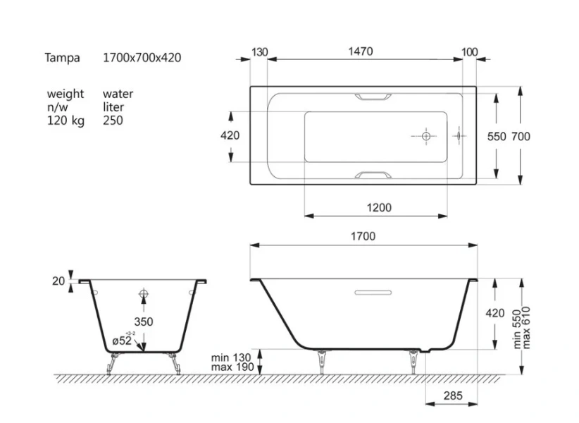 Чугунная ванна Vinsent Veron Tampa VTP1707042H/VH0012BL, 170 x 70 см, ручки черные матовые, цвет белый (детальная фотография), чугунные