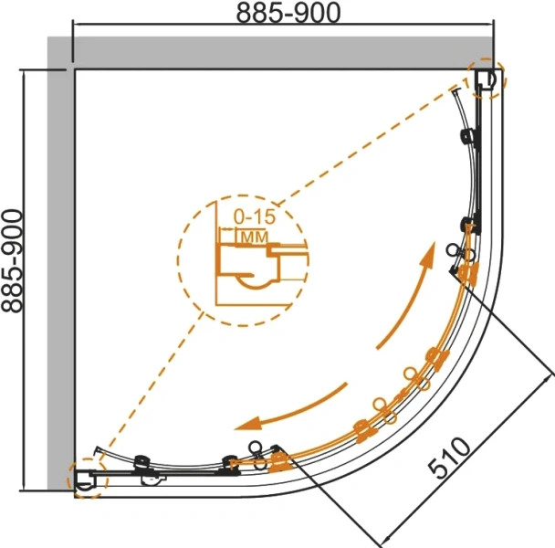 Душевой уголок Cezares Giubileo 90х90 см стекло прозрачное с узором профиль бронза GIUBILEO-R-2-90-SCORREVOLE-CP-Br (детальная фотография), 90х90