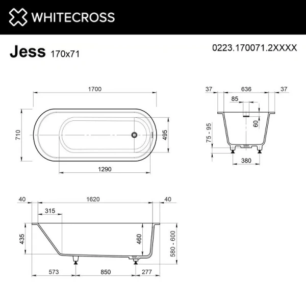 Ванна из искусственного камня Whitecross Jess 0223.170071.2XXXX, 170x71 см, покраска по RAL, поверхность матовая (детальная фотография), искусственный камень