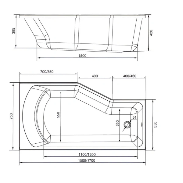 Ванна акриловая 1MarKa Convey 01кон1775лкп/01кон1775пкп, 170 x 75 см, левая/правая, цвет белый (детальная фотография), акриловые