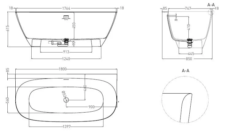 Ванна из искусственного камня Salini Sofia Wall 180x85 см белая глянцевая 102513G (детальная фотография), овальные