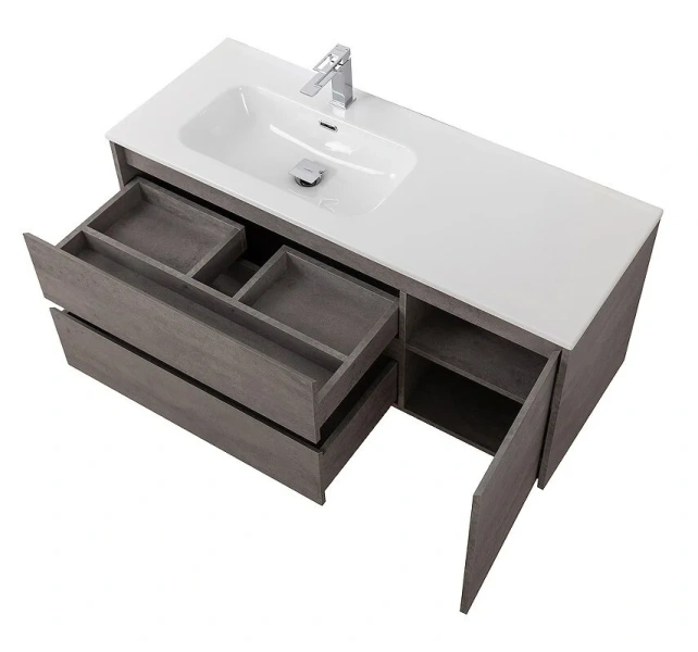 Тумба под раковину подвесная BelBagno Kraft 120 см левосторонняя Cemento Grigio KRAFT-1200-2C-1A-SO-CG-L (детальная фотография), моноблок