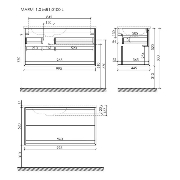 Тумба под раковину подвесная Sancos Marmi 1.0 100 см правая дуб чарльстон MR1.0100RECH (детальная фотография), в наличии