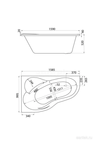 Ванна акриловая  Santek Ибица 160х100 xL без гидромассажа левосторонняя 1.WH11.2.036 (детальная фотография), приставные