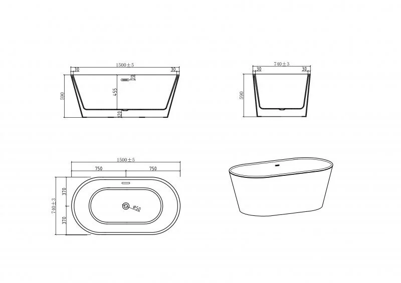 Ванна акриловая BelBagno 150х75 см отдельностоящая BB202-1500-750 (детальная фотография), современныe, hi-tech