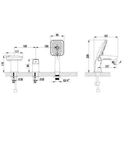 Смеситель для ванны на 3 отверстия Lemark Unit LM4545C (детальная фотография), для ванны