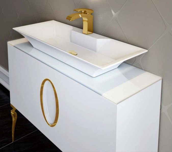 Тумба со стеклянной столешницей без раковины, с 2 ножками, белая 100см. Фурнитура ЗОЛОТО. La Beaute Savoie B100S1OR (детальная фотография) index_1