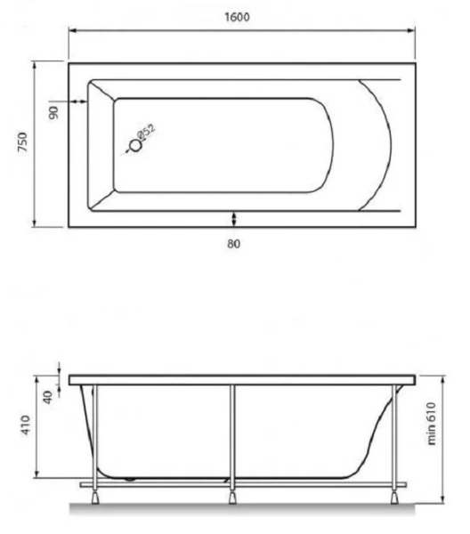 Ванна акриловая Vayer Savero Гл000011565 160 x 75 см, белая (детальная фотография), прямоугольные