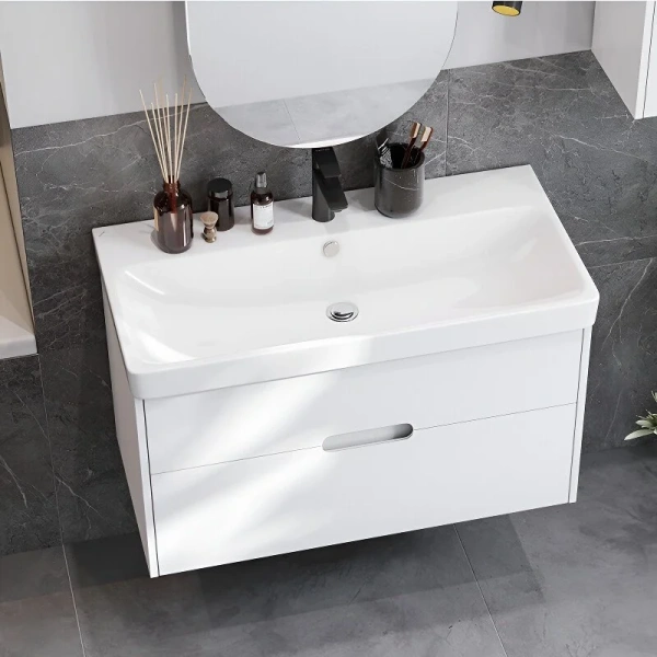 Тумба с раковиной подвесная Акватон Оливия 1A254401OL 90 см петли с доводчиком (детальная фотография), подвесная, пристенная