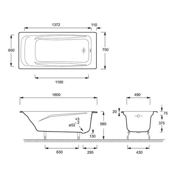 Ванна чугунная Jacob Delafon Repos 160х75 см со сливом-переливом, с антискользящим покрытием E2130-00 (детальная фотография), чугунные