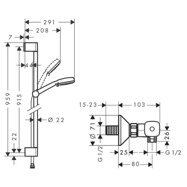 Схема (детальная фотография), душевые комплекты, наборы
