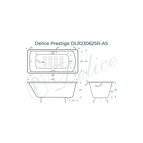 Ванна чугунная Delice Prestige DLR230625R-AS 170х75 см с ручками и антискользящим покрытием (детальная фотография), чугунные