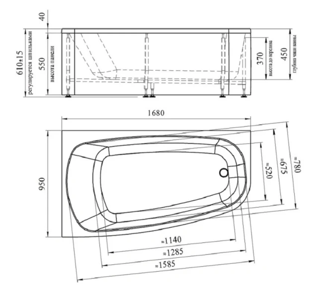 Ванна акриловая Радомир Рона 1-01-0-1-1-344/1-01-0-2-1-344, 168 x 95 см, левая/правая, белый (детальная фотография), современныe, hi-tech