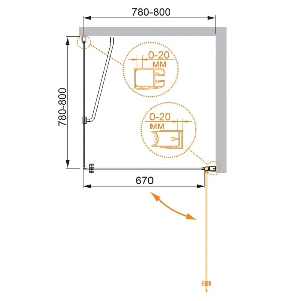 Душевой уголок Cezares Elena 80x80 см стекло рифленое правосторонний ELENA-W-A-1-80-P-Cr-R (детальная фотография), хром
