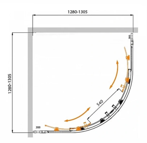 Душевой уголок Cezares Molveno 130х130 см рифленое стекло MOLVENO-R-22-100+30-P-Cr (детальная фотография), полукруглые, четверть круга