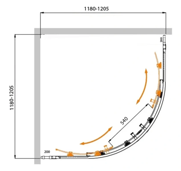 Душевой уголок Cezares Molveno 120х120 см стекло прозрачное профиль оружейная сталь MOLVENO-R-22-100+20-C-GM-IV (детальная фотография), полукруглые, четверть круга