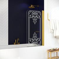 Душевая шторка на ванную профиль золотой рисунок матовый стекло прозрачное Vegas-glass