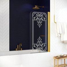 Душевая шторка на ванную профиль золотой рисунок матовый стекло прозрачное Vegas-glass