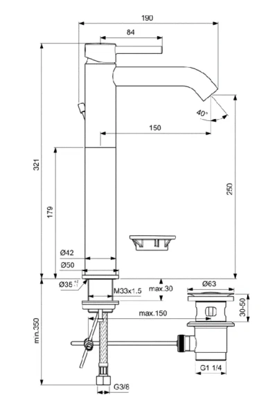 Смеситель для раковины Ideal Standard Ceraline высокий с донным клапаном BC194AA (детальная фотография), для раковины