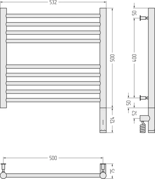 Полотенцесушитель электрический Сунержа Богема 3.0 50х50 см правый без покрытия 00-5805-5050 (детальная фотография), лесенка, вертикальные
