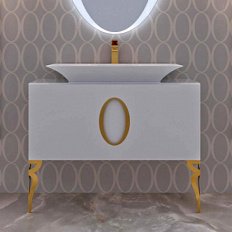 Тумба со стеклянной столешницей без раковины, с 2 ножками, белая 100см. Фурнитура ЗОЛОТО. La Beaute Savoie