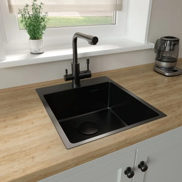 Мойка для кухни Lemark Janga 44 см чёрный матовый 9932104 (детальная фотография), из нержавеющей стали, стальные, металлические