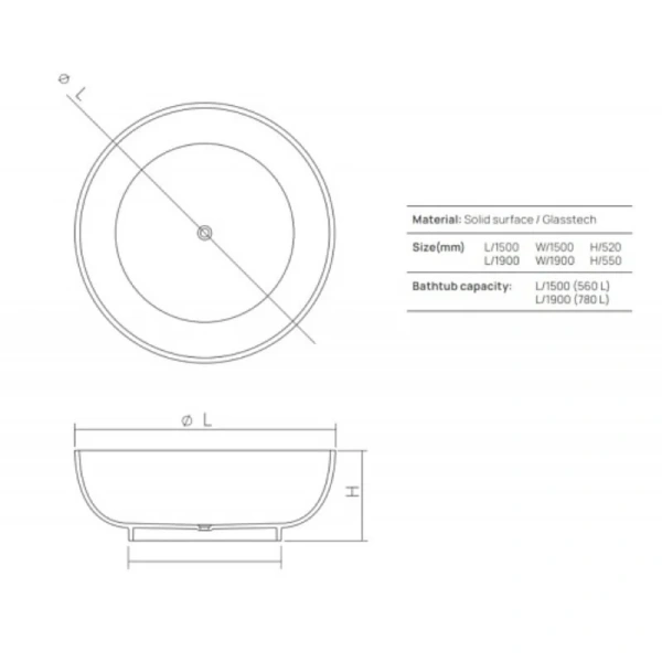 Ванна DEA Design Round DD8610 1900 18, 190 х 190 см, искусственный камень, цвет белый матовый (детальная фотография), искусственный камень