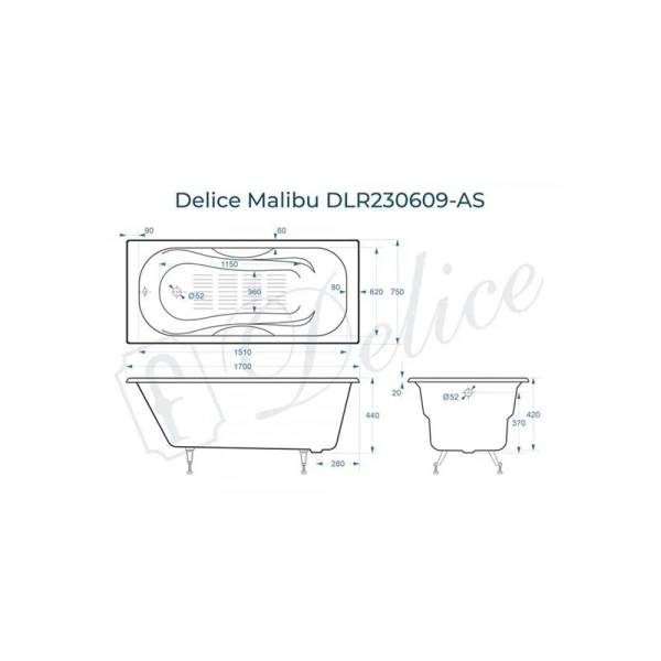 Ванна чугунная Delice Malibu 170x75 с антискользящим покрытием DLR230609-AS (детальная фотография), чугунные