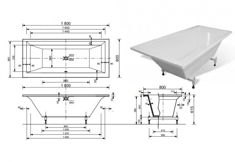 Ванна из литьевого мрамора Эстет Стелла 180x80 см белая глянцевая ФР-00002809 (детальная фотография), приставные, встраиваемые