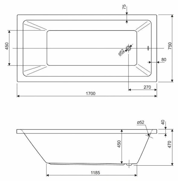 Ванна акриловая Cezares Plane Solo 170х75 см белая PLANE SOLO-170-75-45-W37 (детальная фотография), акриловые