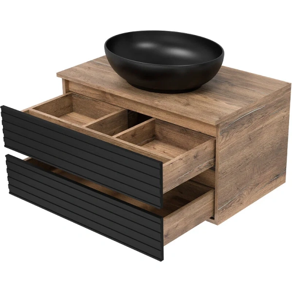 Тумба под раковину подвесная Brevita Dakota 80 см дуб галифакс олово, черный кварц DAK-09080-19/02-2Я (детальная фотография), подвесная, пристенная