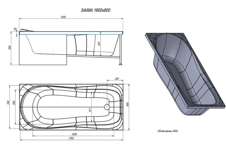 Ванна акриловая Alex Baitler Saima, 180 x 80 см, цвет SuperWhite, SAIMA 180*80 (детальная фотография), акриловые