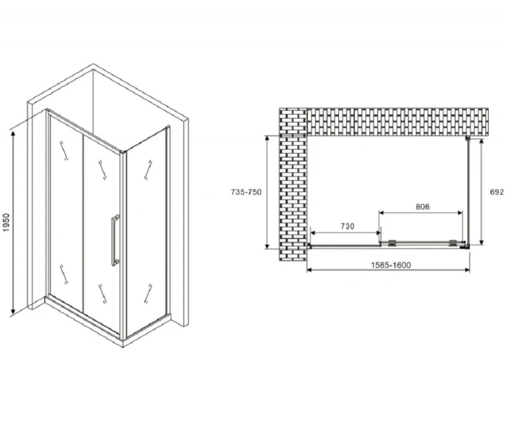 Душевой уголок Abber Schwarzer Diamant 160х75 см профиль черный, стекло прозрачное AG30160BH-S75B (детальная фотография), прямоугольные