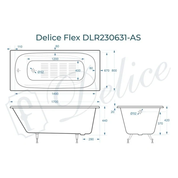 Ванна чугунная Delice Flex DLR230631-AS, 170 х 80 см, антискользящее покрытие, без ручек, цвет белый (детальная фотография), чугунные