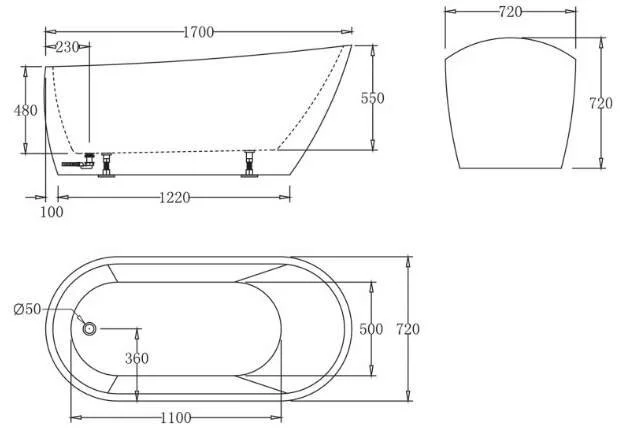 Ванна акриловая BelBagno 170х72 см овальная BB62-1700-W0 (детальная фотография), современныe, hi-tech
